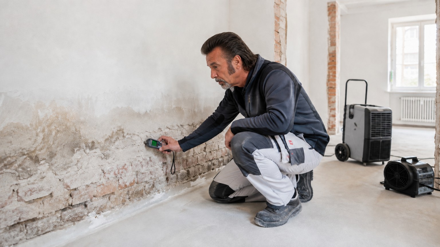 Handwerker bei der Feuchtigkeitsmessung an einer betroffenen Innenwand