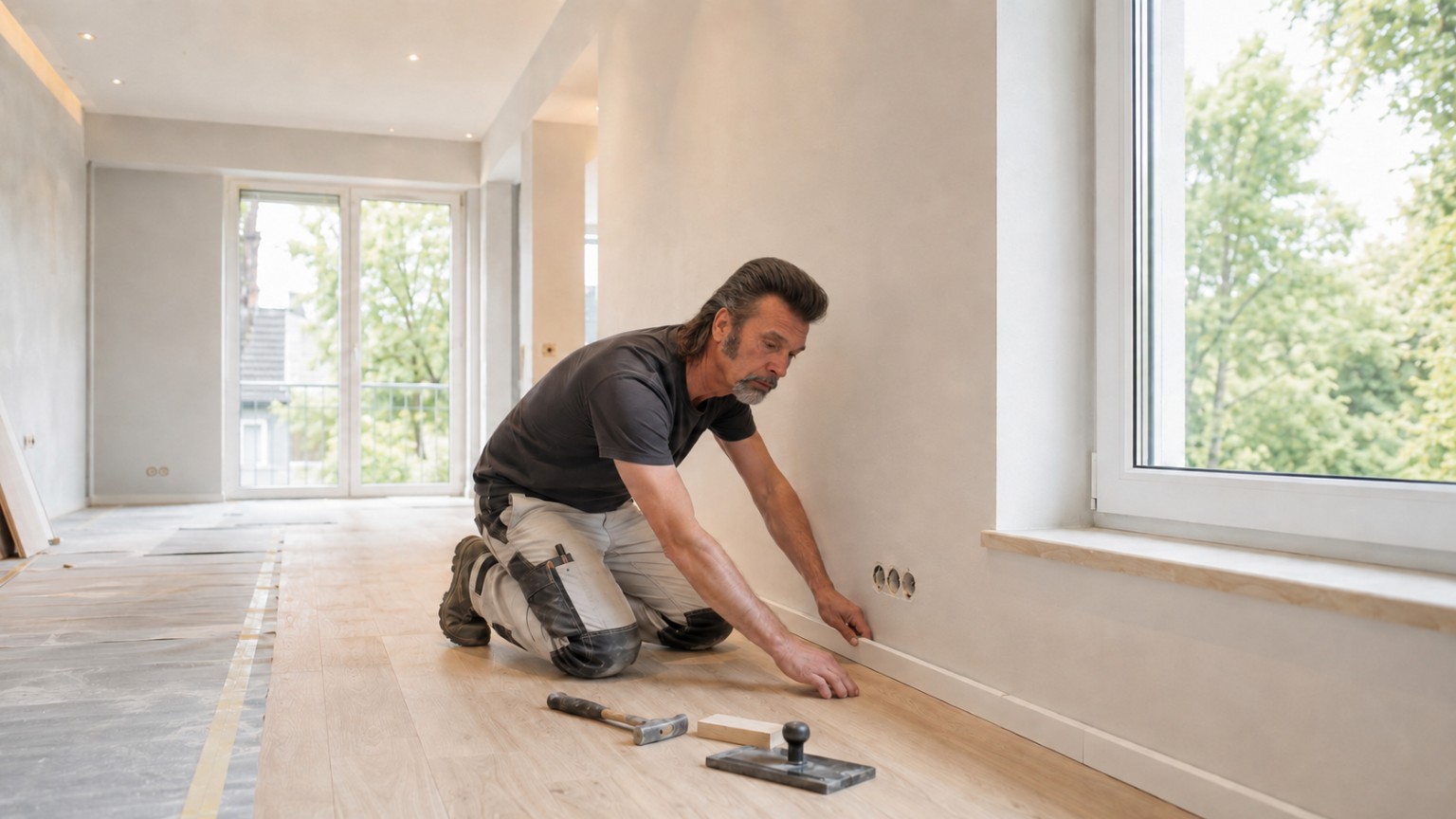 Handwerker bei der präzisen Verlegung eines neuen Fußbodens