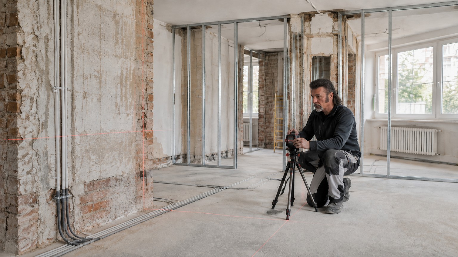 Handwerker bei der Vermessung eines vollständig entkernten Innenraums